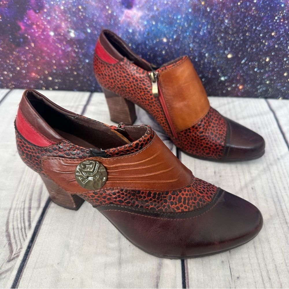 L'Artiste Spring Step Fia Ankle Bootie Heels Sz 39 Colorblock Leather Animal